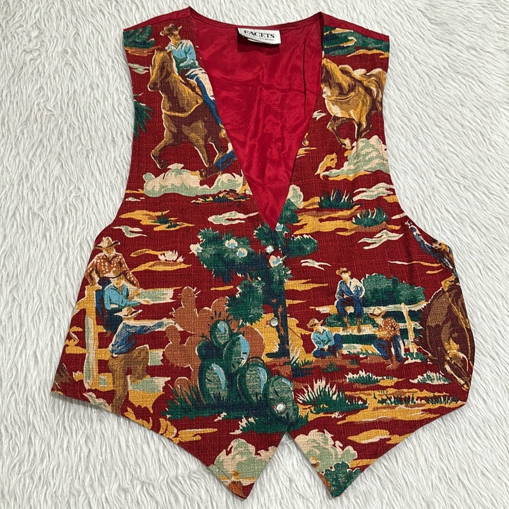 Vintage facets cowboy red print vest size large